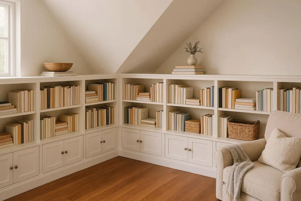 Low built-in bookcases installed under slanted ceiling