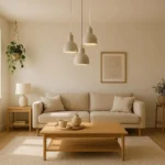 Modern living room with pendant cluster and hanging plant from ceiling