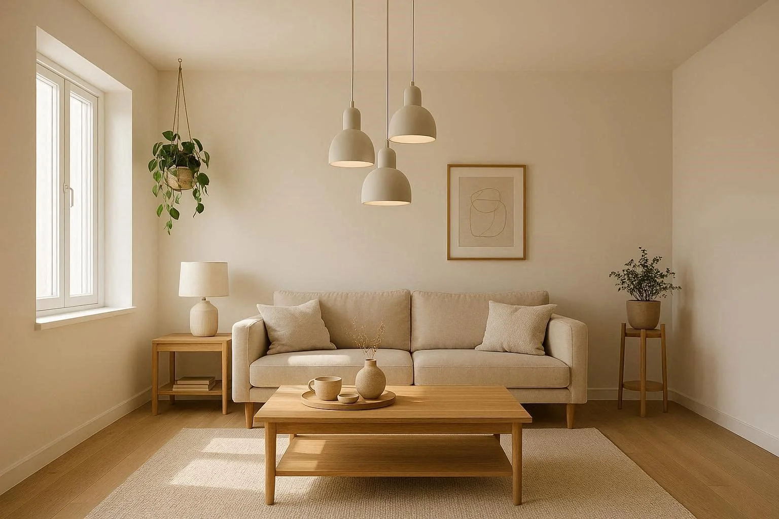Modern living room with pendant cluster and hanging plant from ceiling
