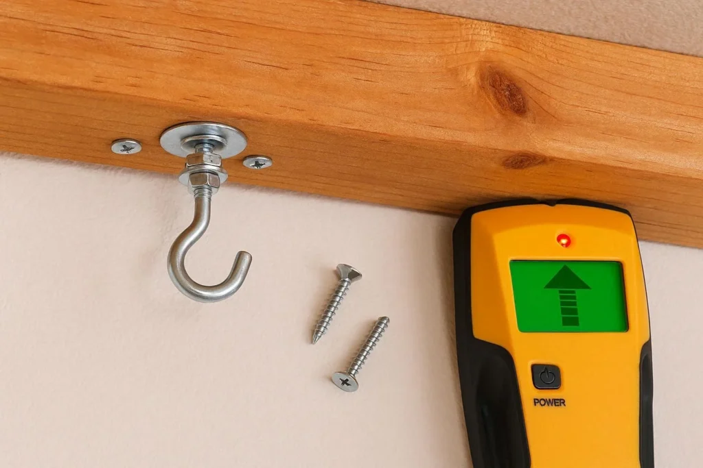 Ceiling hook anchored into joist for hanging decor safety