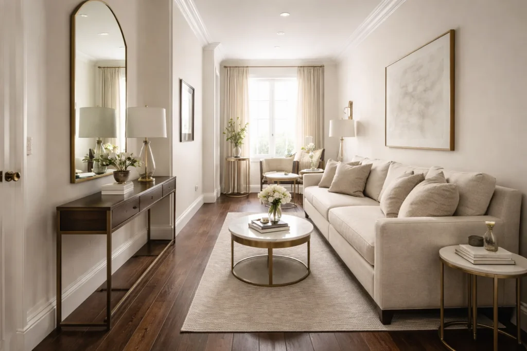 Townhouse interior with dark hardwood floors styled with light furniture