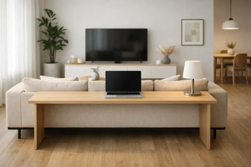 Desk positioned behind couch in open-plan apartment layout