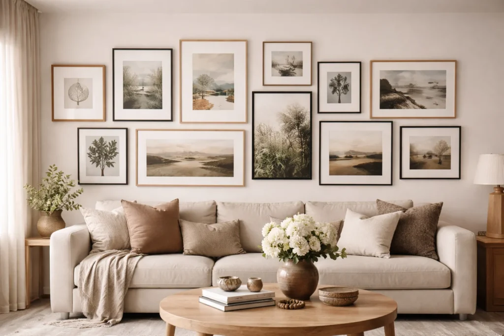 Gallery wall arrangement spanning width of sofa