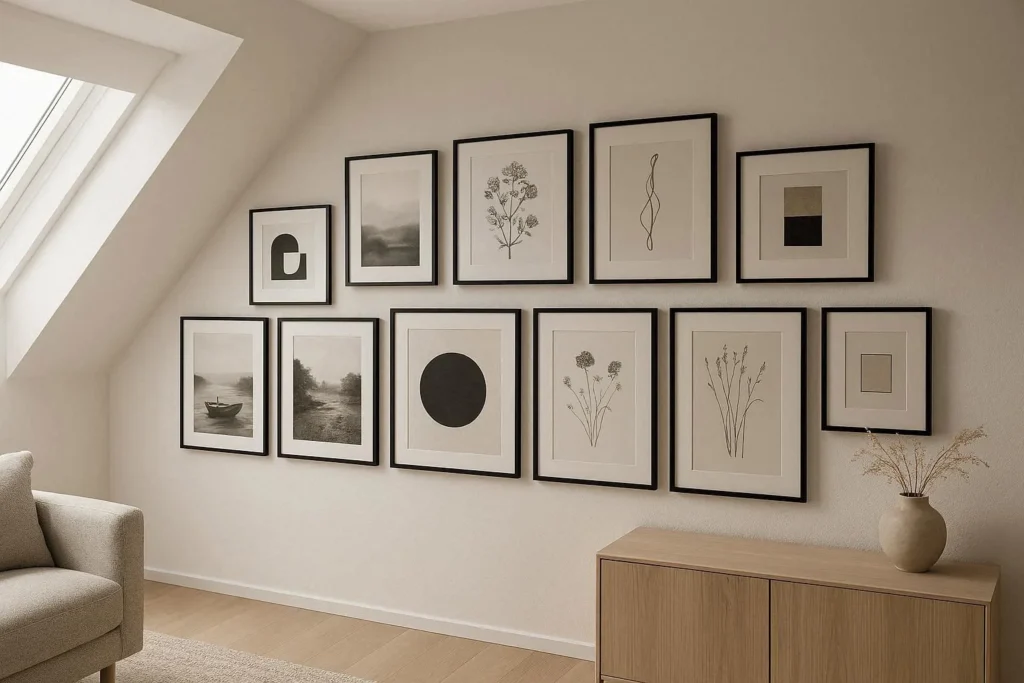 Structured gallery wall installed on slanted attic wall