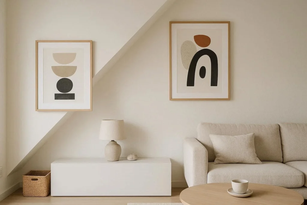 Framed artwork hung level versus aligned with slope on angled wall
