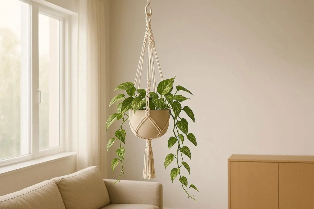 Macrame planter with trailing plant hanging from ceiling hook