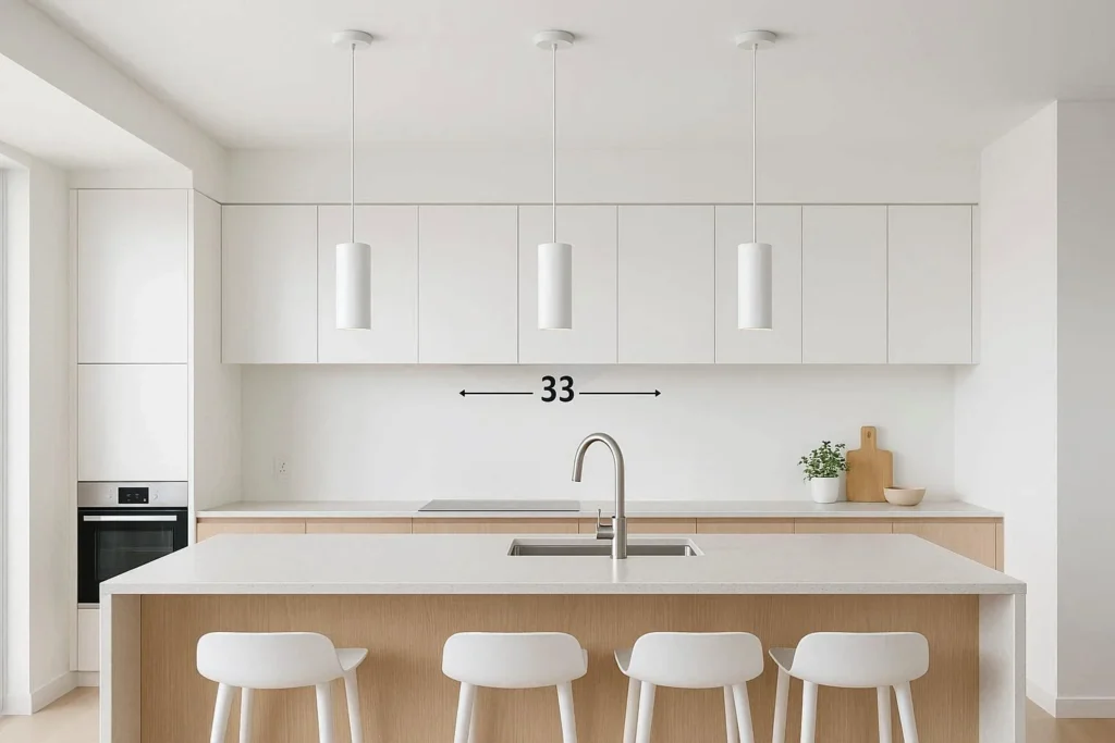 Pendant lights properly spaced above kitchen island