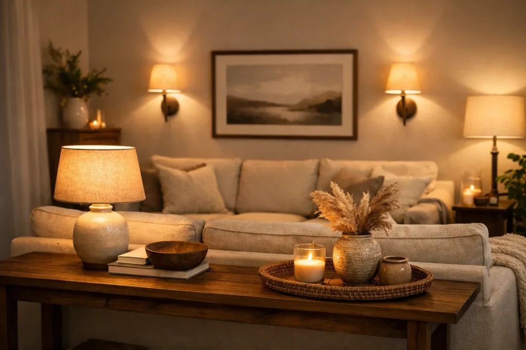 Layered lighting setup with lamp and sconces behind couch