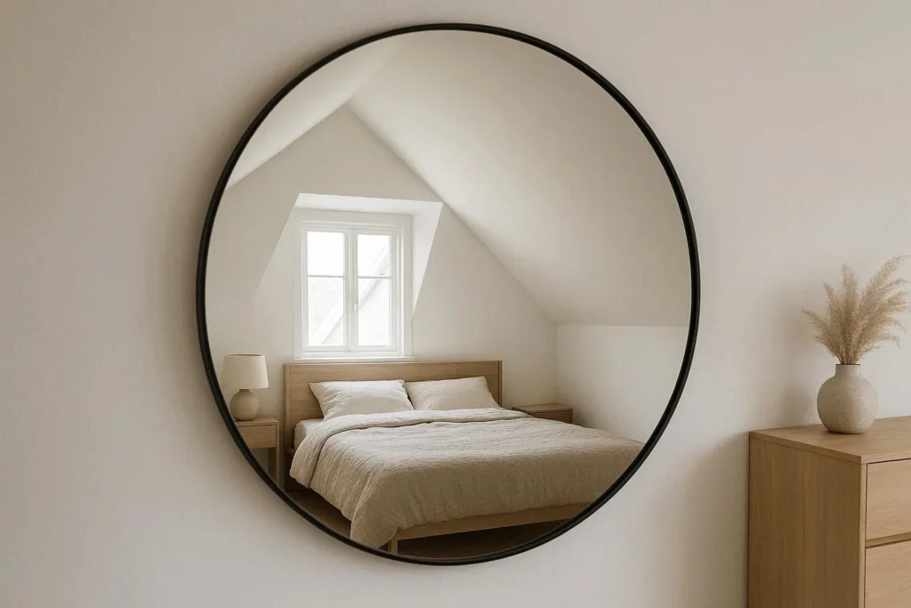 Round mirror mounted on sloped bedroom wall reflecting natural light