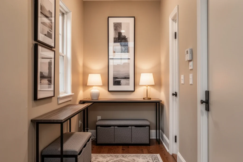 Small townhouse bedroom with layered lighting and vertical storage