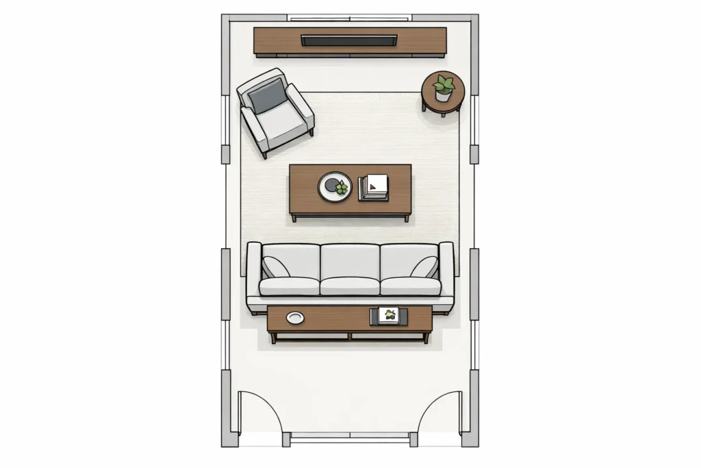 Narrow townhouse living room furniture layout example
