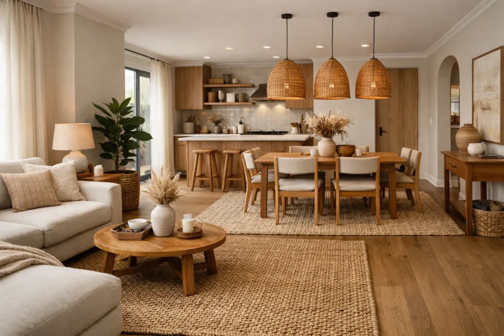 Open plan townhouse zoning using rugs and lighting