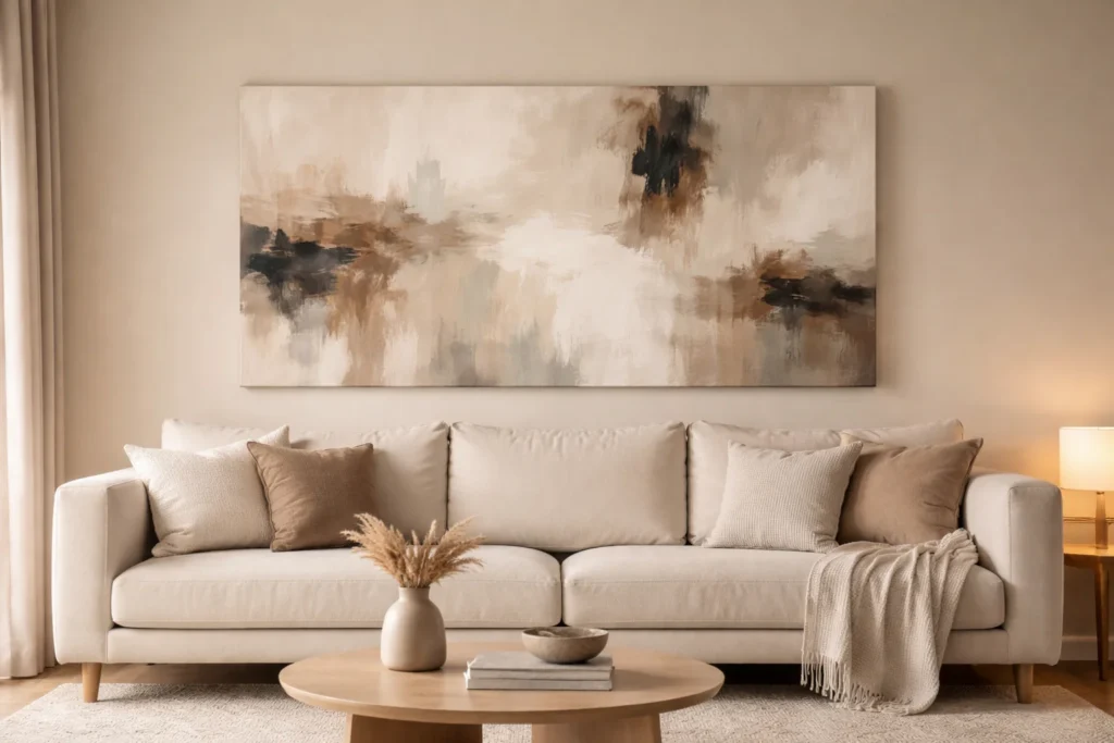Large abstract art hung above sofa with proper proportions