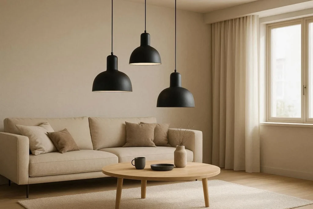 Cluster of pendant lights hanging above living room seating area