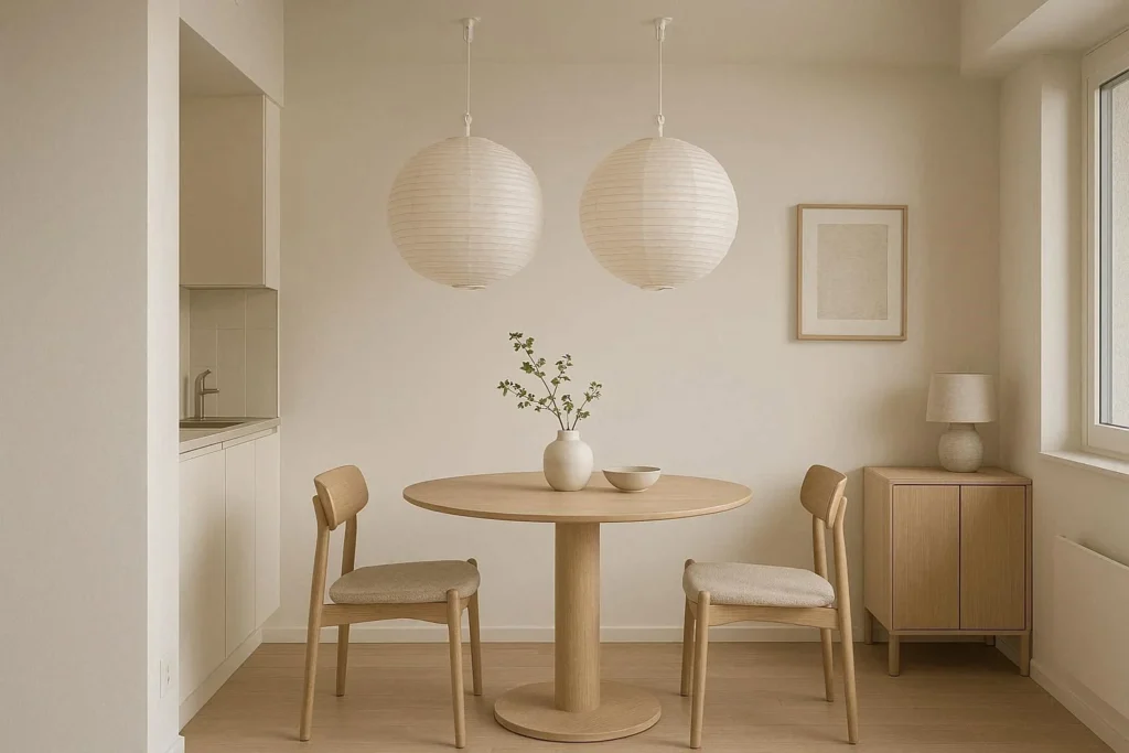 Paper lanterns hanging from ceiling in small apartment