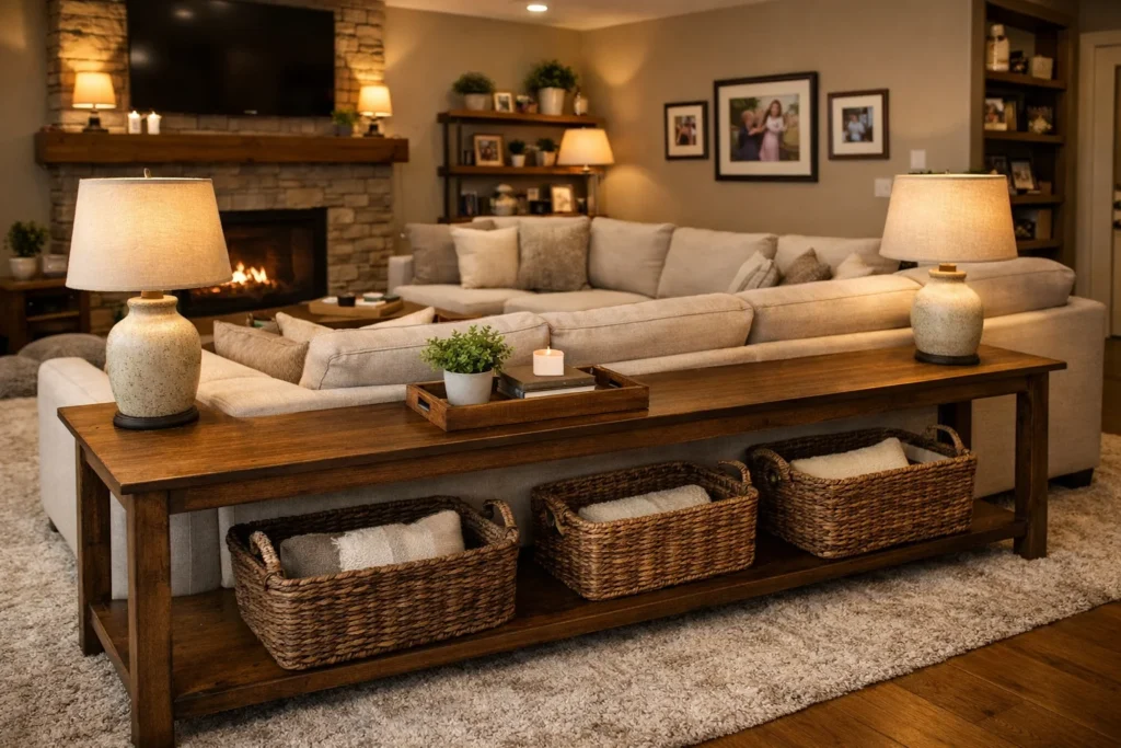 Console table styled behind sectional sofa in family room