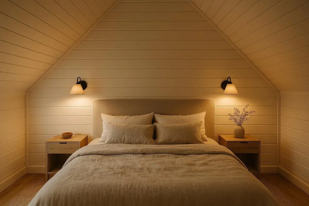 Cozy attic bedroom with shiplap on angled wall and soft lighting