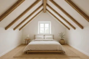 Attic bedroom with slanted ceiling and minimalist decor styling