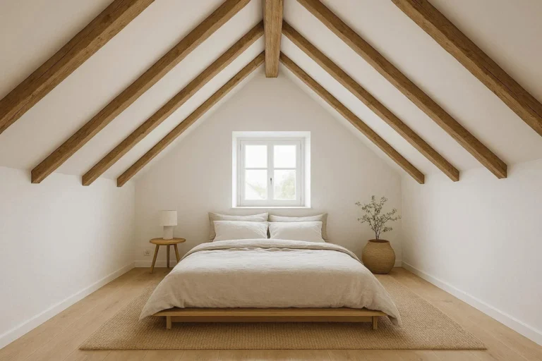 Attic bedroom with slanted ceiling and minimalist decor styling