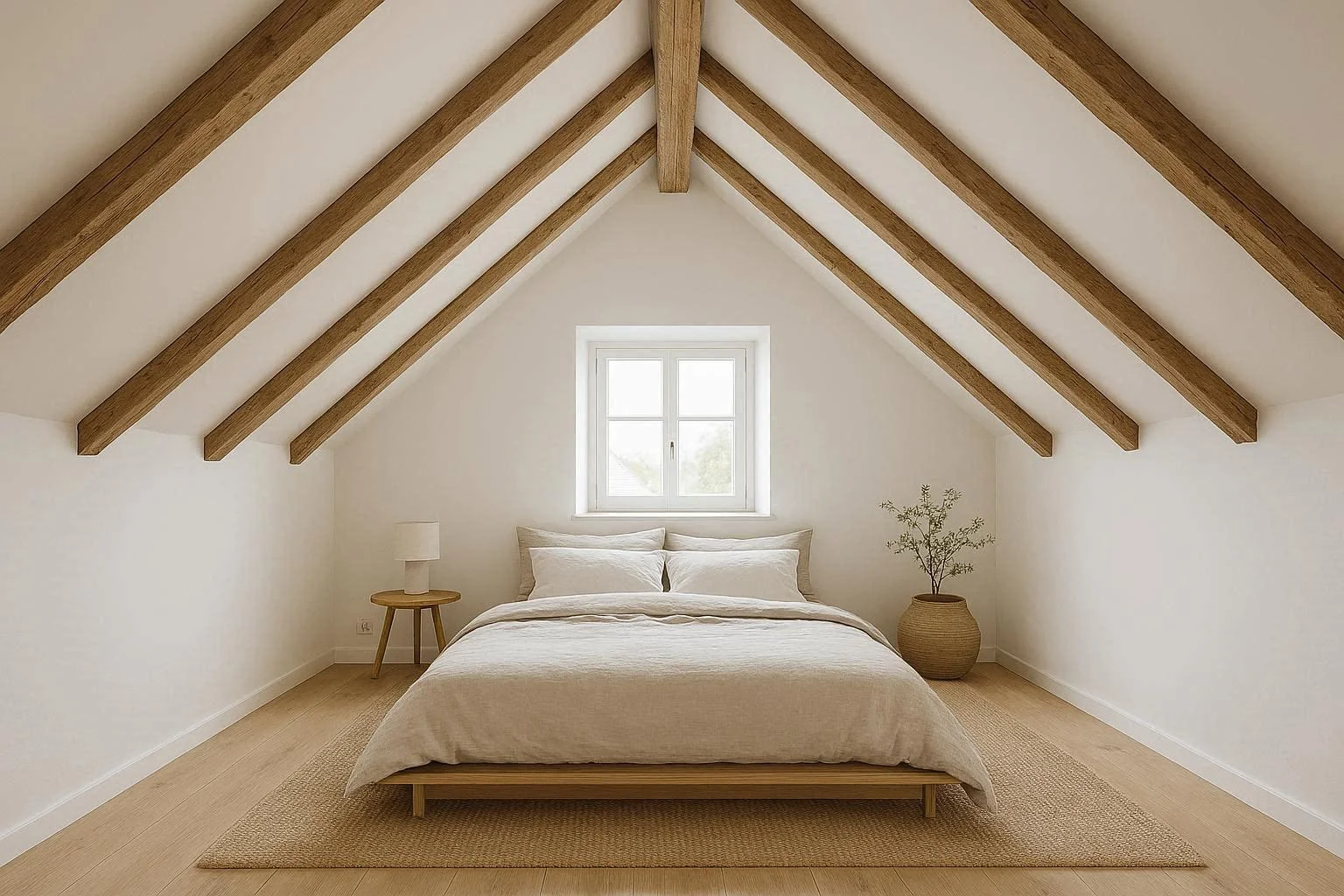 Attic bedroom with slanted ceiling and minimalist decor styling