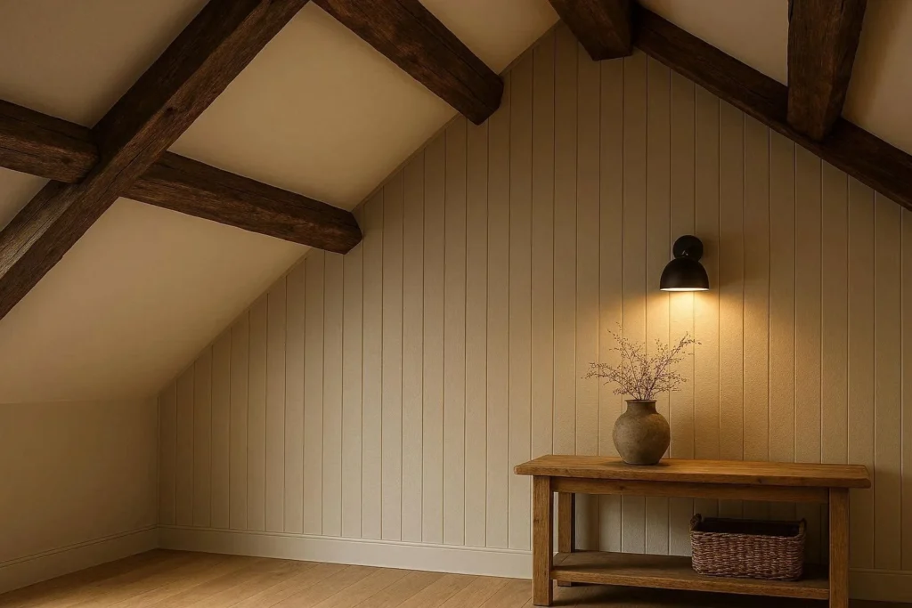 Slanted ceiling painted in continuous neutral tone with wood beams