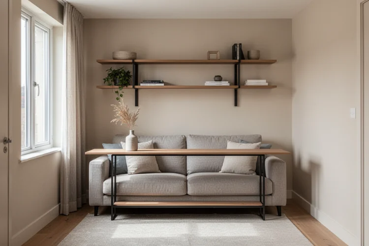 Slim console table behind couch in small living room