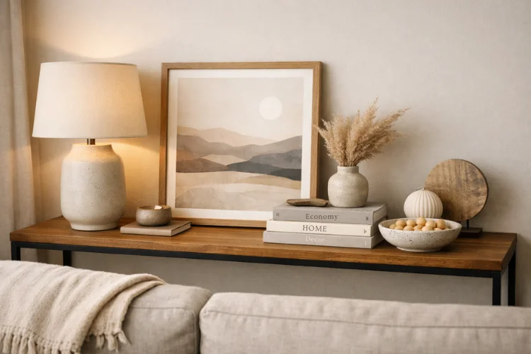 Styled console table behind couch with lamp and layered decor