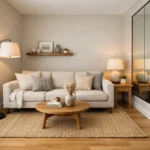 Modern narrow townhouse living room layout with slim sofa and layered lighting