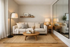 Modern narrow townhouse living room layout with slim sofa and layered lighting