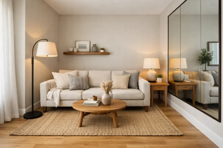 Modern narrow townhouse living room layout with slim sofa and layered lighting