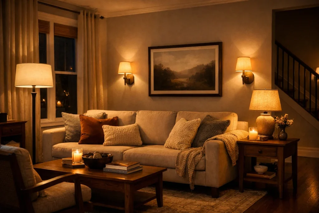 Layered lighting setup in townhouse living room