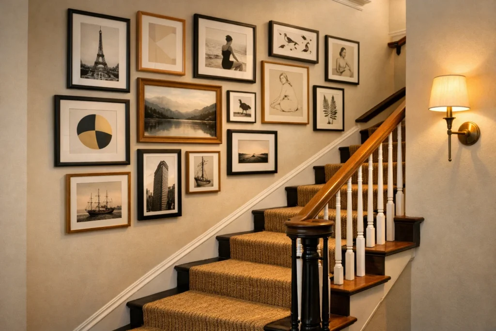 Townhouse staircase gallery wall decor example
