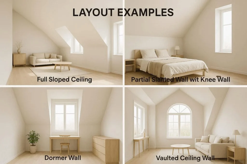Different types of slanted walls including knee wall, dormer, and vaulted ceiling