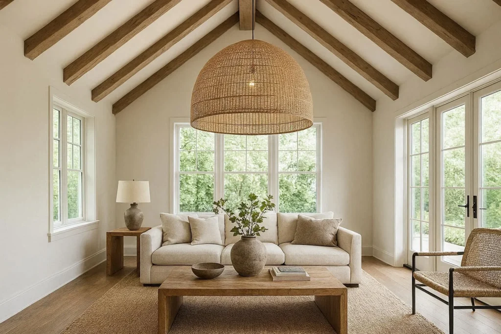 Large statement pendant hanging from vaulted ceiling