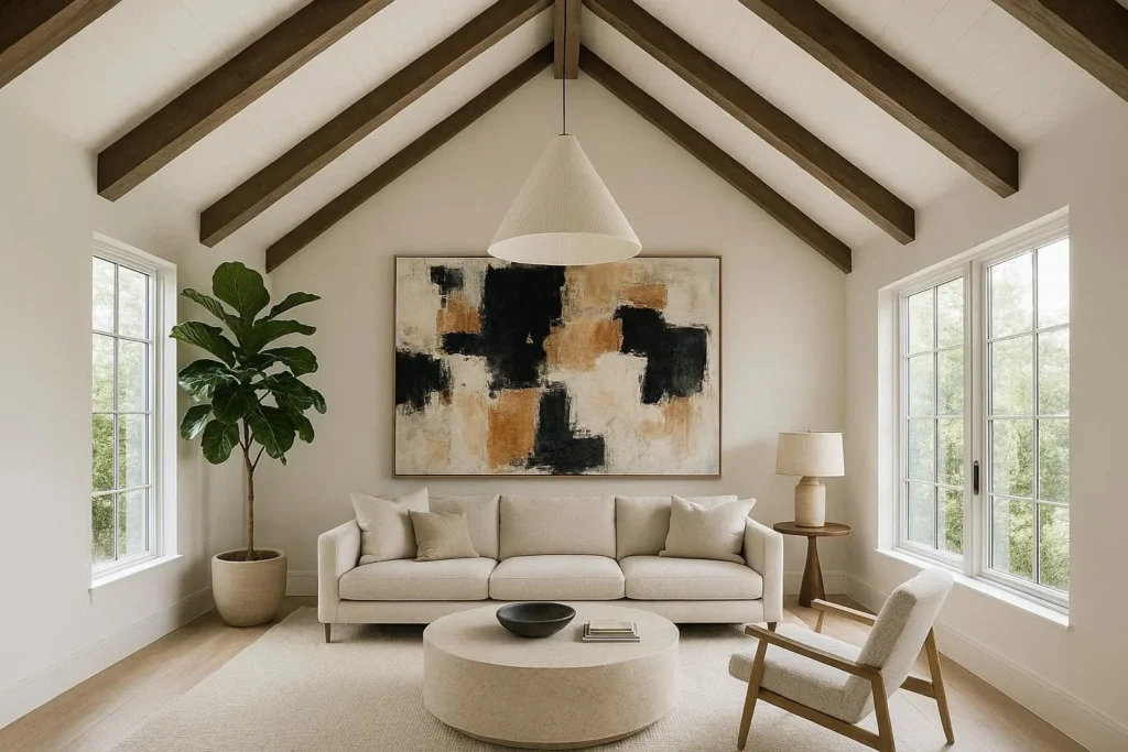 Modern living room with vaulted ceiling and oversized wall art