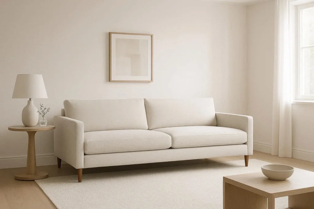 apartment size sofa in small living room with exposed legs