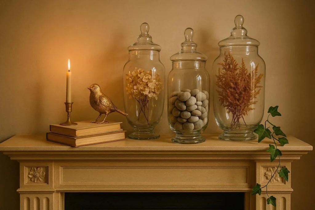 Whimsical mantel vignette with apothecary jars, dried botanicals, and a gilded figurine