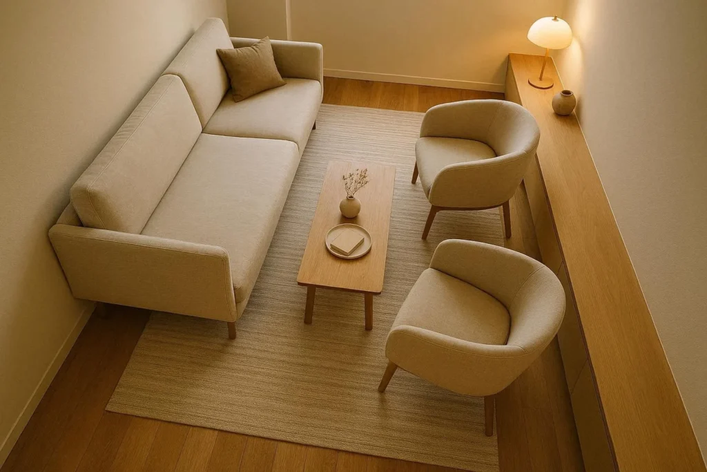 Horizontal striped area rug anchoring a seating zone in a long narrow living room