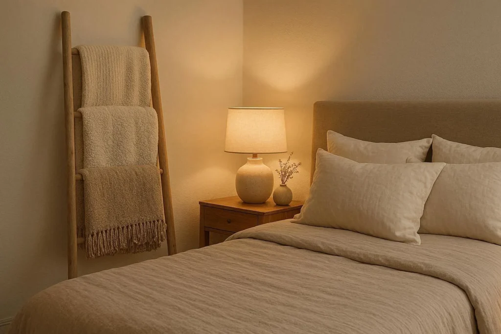 blanket ladder bedroom decor idea with soft throws