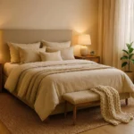 Cozy and stylish bedroom decorating ideas with warm lighting and layered neutral bedding