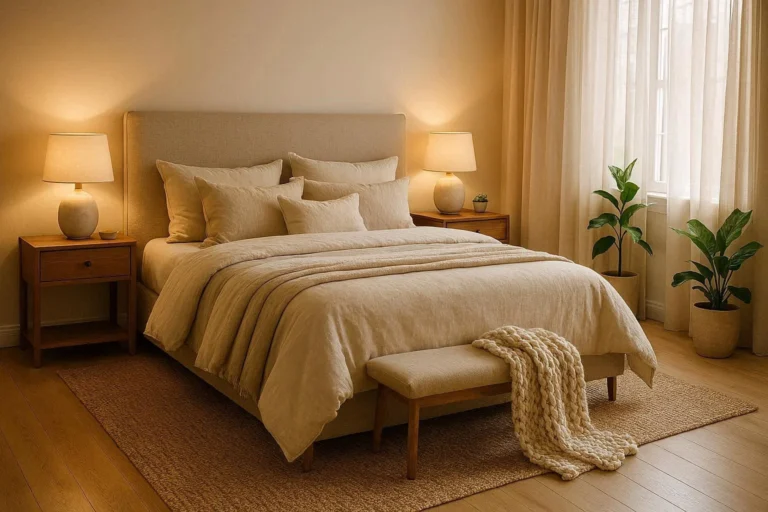 Cozy and stylish bedroom decorating ideas with warm lighting and layered neutral bedding