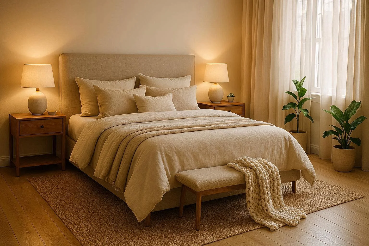 Cozy and stylish bedroom decorating ideas with warm lighting and layered neutral bedding