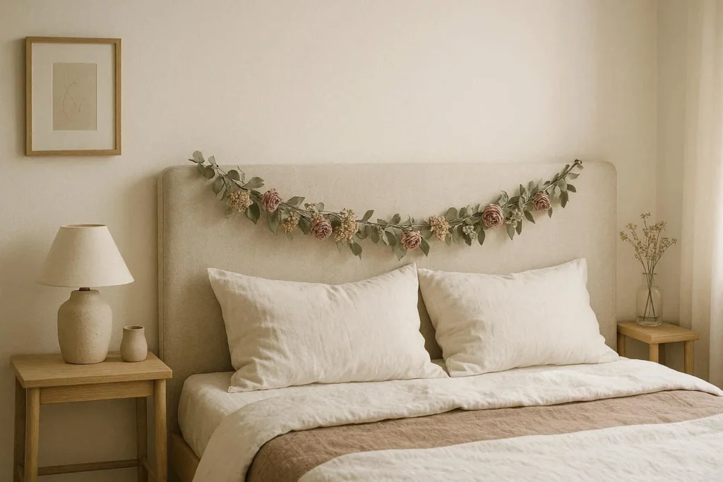 Dried flower garland in dusty rose and sage draped over a bedroom headboard for a soft, cozy decor look