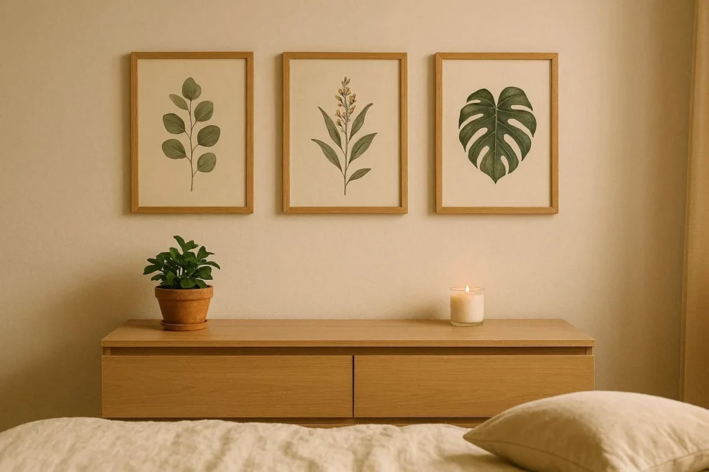 Cozy bedroom wall decor with framed botanical prints and a small potted plant on a dresser