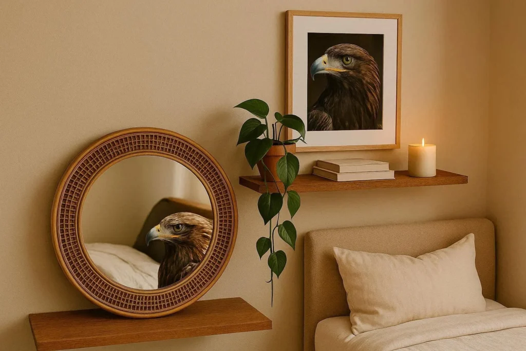 Bedroom wall decor ideas with round rattan mirror, floating shelf, and trailing indoor plant