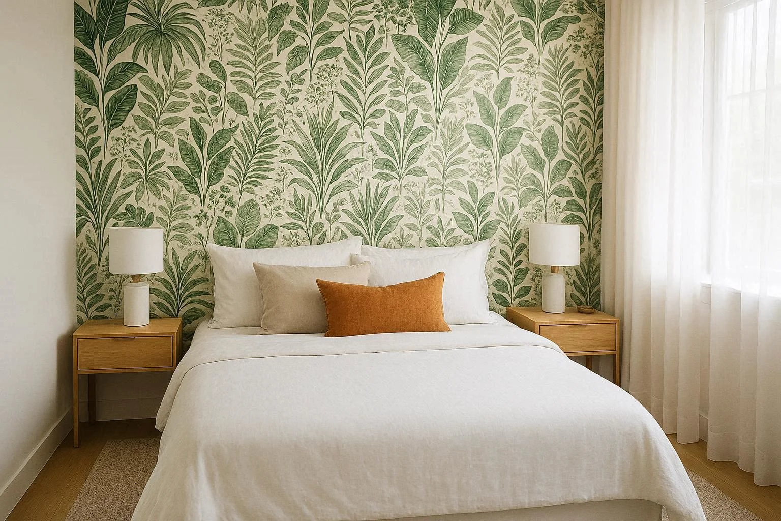 Bedroom wallpaper decorating ideas with botanical accent wall behind bed