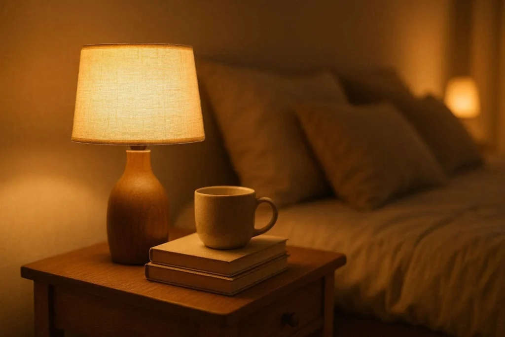 Warm bedside lamp on a wooden nightstand creating cozy bedroom lighting