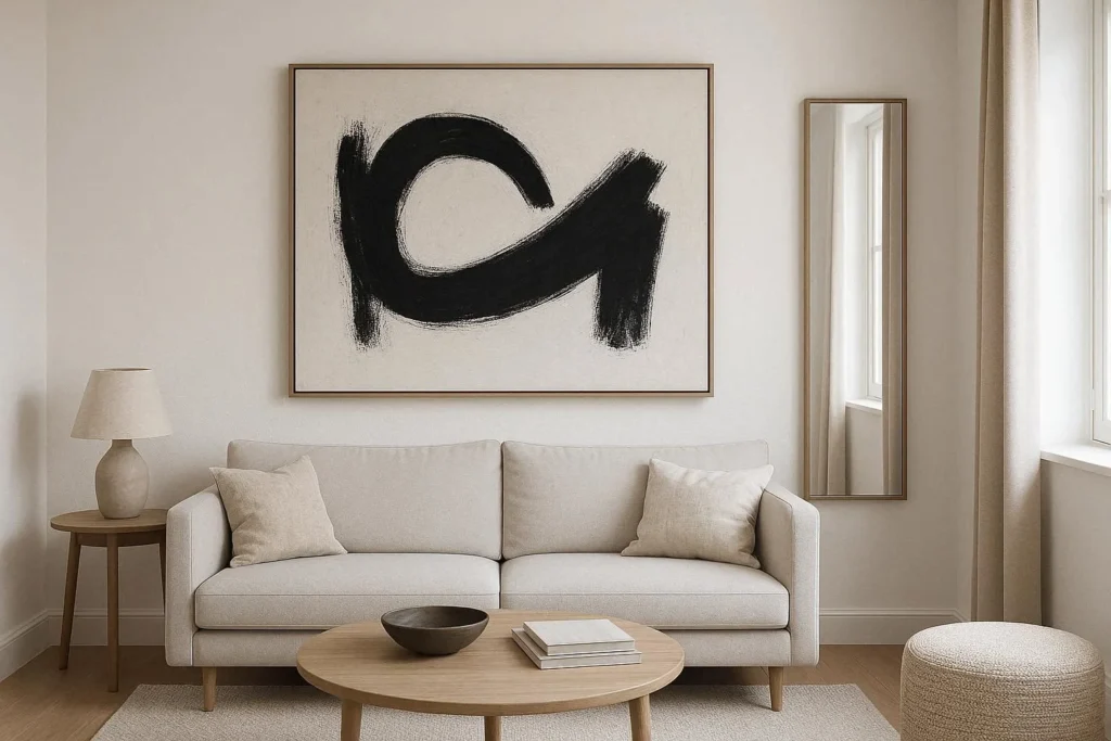 large art behind couch in small living room with mirror