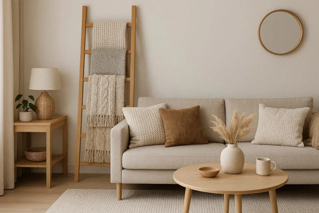 blanket ladder behind sofa decorating idea