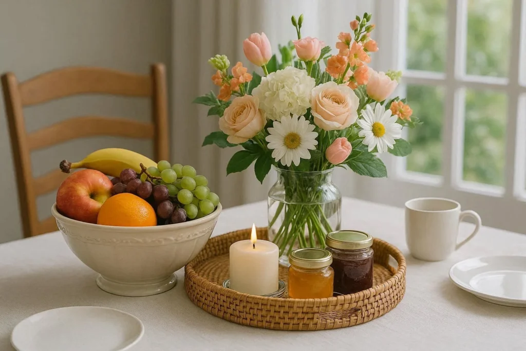 Breakfast table centerpiece with fresh flowers, fruit bowl, and decorative tray